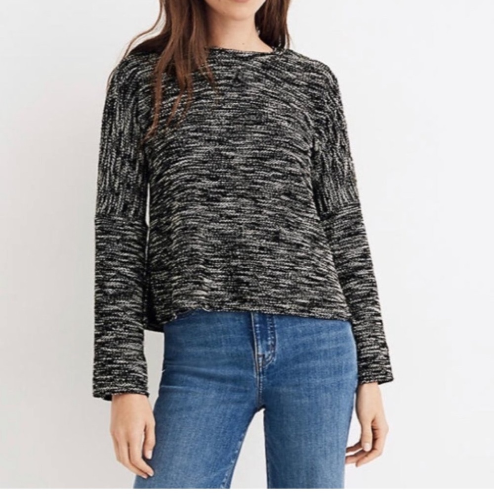 Madewell | Marled Tweed Knit Sweater Button Shoulder Detail Boxy Cozy Sweater